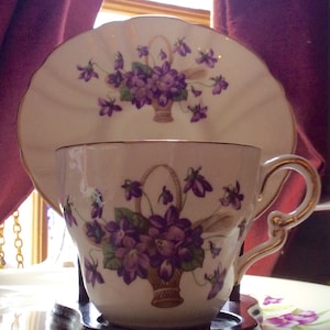 Staffordshire Bone China Violets in a Basket Vintage Cup And Saucer England image 1