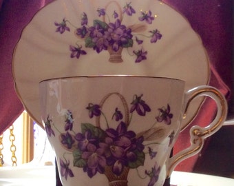 Staffordshire Bone China Violets in a Basket Vintage Cup And Saucer England