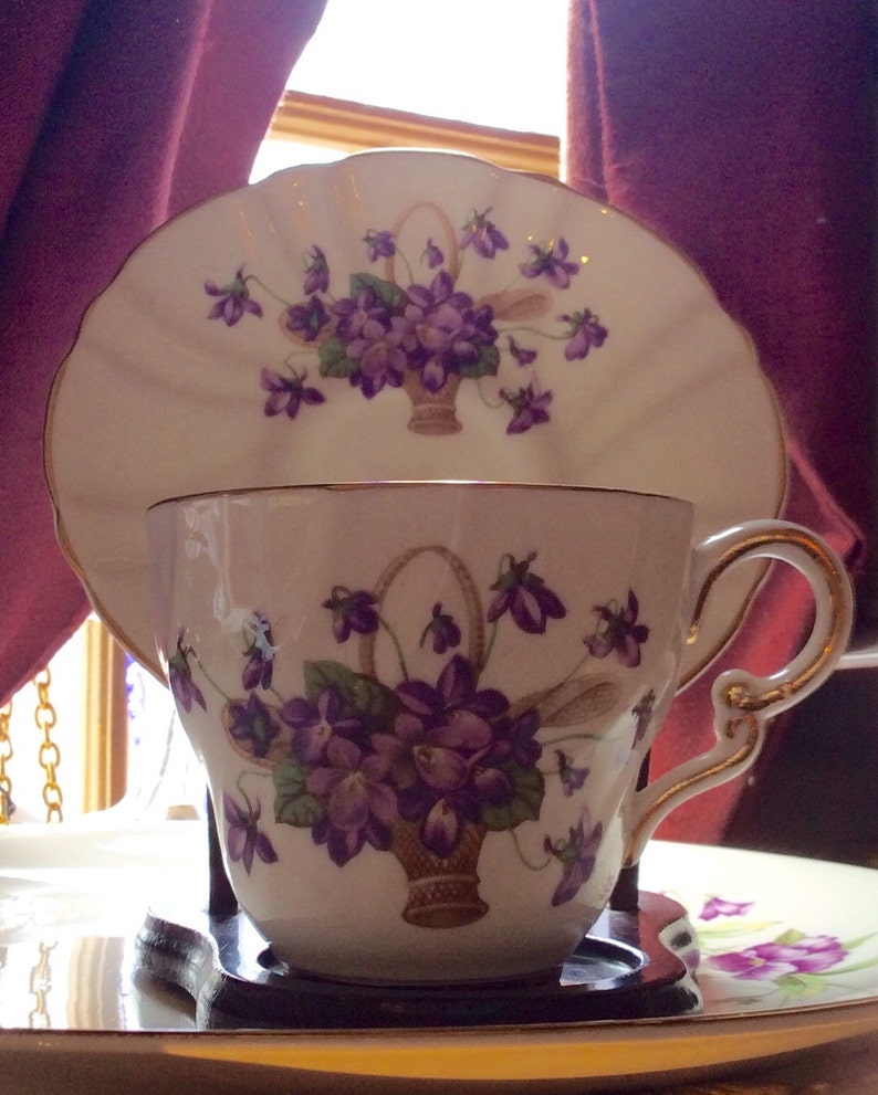 Staffordshire Bone China Violets in a Basket Vintage Cup And Saucer England image 1