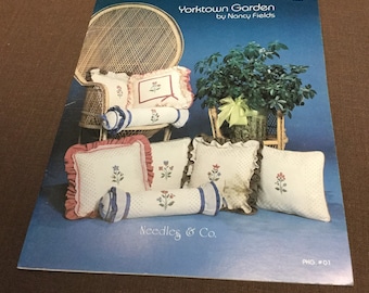 Needles &Co. Cross Stitch Charts Yorktown Gardens Nancy Fields Pillows, Bolster Vintage 1984