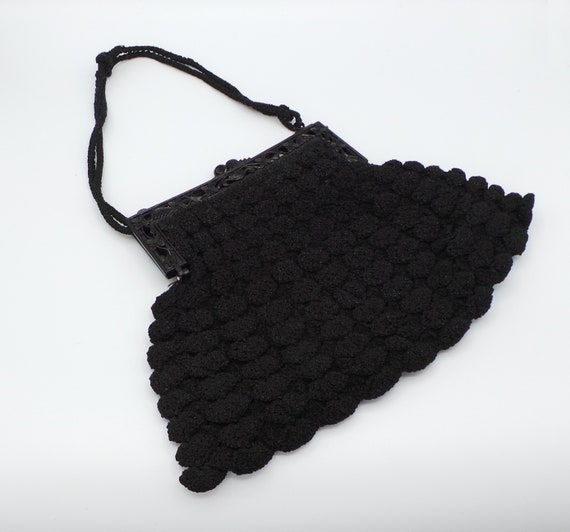 Vintage Black CROCHET PURSE with Floral BAKELITE … - image 1