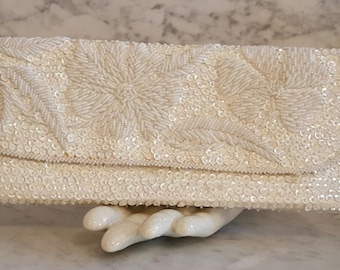 VINTAGE White Satin SARNE Evening Clutch Hand-made in Hong Kong ITALIAN Beads and Sequins