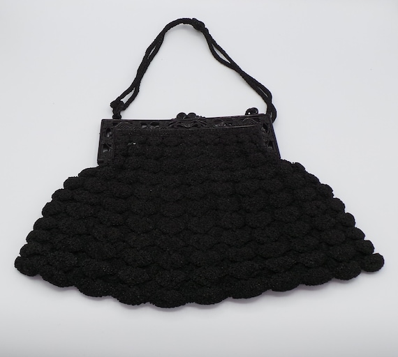 Vintage Black CROCHET PURSE with Floral BAKELITE … - image 3