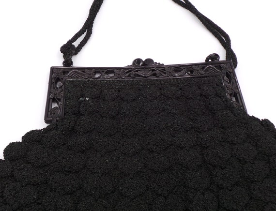 Vintage Black CROCHET PURSE with Floral BAKELITE … - image 4