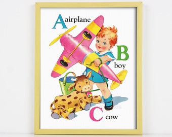 Jongen met vliegtuig ABC Printable 8 x 10 Instant Download digitale Retro Art Print, Vintage alfabet kwekerij Print, Childrens Decor van de kwekerij