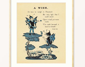 Blue Fairy wenst, Printable 8 x 10 Instant Download digitale Retro Art Print, Vintage boek jongen kwekerij Print, Childrens Decor van de kwekerij