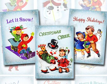 Sneeuwpop digitale Collage blad, Instant printbare Let it Snow Retro kerst afbeeldingen, ATC sized illustraties voor het Decor van de vakantie, nieuw