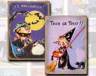 Halloween digitale Collage blad, schattig Retro Halloween kinderen, ATC formaat afdrukbare Art Gift Tags, Instant Download Clip Art Trick or Treat