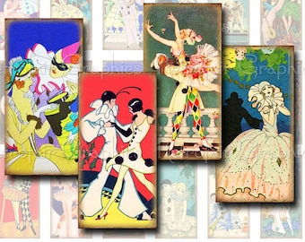 Vintage Valentine Pierrot, Harlequin, Columbine digitale Collage blad, Instant Download, afdrukbare Domino grootte hanger met illustraties