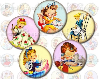 Retro naaien Craft meisjes Clip Art, Instant Download, 1 Inch ronde digitale Collage blad, gehaakte naaien naaien meisjes Craft Printables