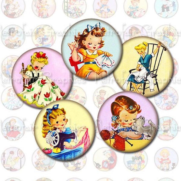 Retro Sewing Craft Girls Clip Art, Instant Download,  1 Inch Round Digital Collage Sheet, Crochet Sewing Needlework Girls Craft Printables