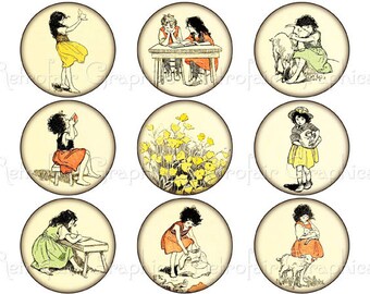 Instant Download Vintage Heidi Illustrations by J Willcox Smith, Digital Collage Sheet of Girls, 2 Inch Circles, Printable Page of 15 Images