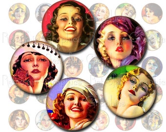Pin-up Girl Graphics, Pretty Faces digitale Collage blad van 48 1 inch ronde, Instant afdrukbare downloaden portretten van vrouwen