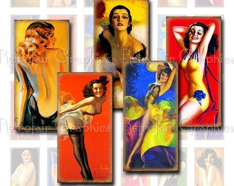 Retro Pin-up Girl Graphics, digitale Collage blad Domino grootte DIY Hangers 1 x 2 inch rechthoeken, Instant afdrukbare downloaden