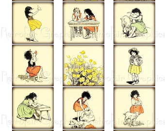 Vintage Heidi Illustrations by J Willcox Smith, Digital Collage Sheet of Girls, 2 Inch Squares, Printable Page of 15 Images