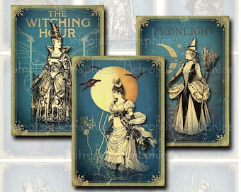 Gotische heksen, Halloween digitale Collage blad, ATC formaat afdrukbare Art Gift Tags, Instant downloaden-illustraties
