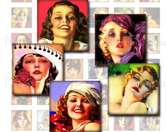 Pin-up Girls Digital Collage Sheet Graphics, Pretty Faces 48 1 x 1 inch Squares, Instant Printable Download Portraits of Women