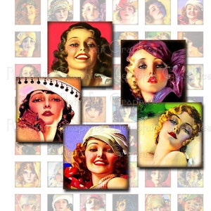 Pin-up Girls Digital Collage Sheet Graphics, Pretty Faces 48 1 x 1 inch Squares, Instant Printable Download Portraits of Women