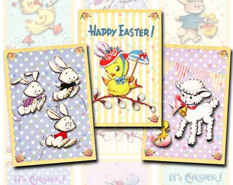 Collage blad van schattige Pasen dieren, Instant Digital Download, afdrukbare pagina, Vintage inspired ATC van Pasen dieren DIY Gift Tags Bunnies