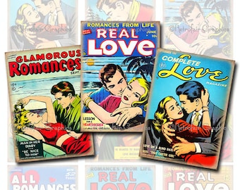 Vintage Comic Book Romance Covers: Digital Collage Sheet, ATC formaat Printable Art Gift Tags, Instant Download Retro Clip Art