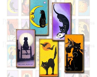 Vintage zwarte kat digitale Collage blad, Domino grootte 1 x 2, Halloween, heks, zwarte kat beelden, Instant Download, afdrukbare blad