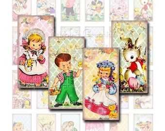 Pasen digitale Collage blad, Domino grootte 1 x 2 tags, Retro Pasen kinderen beelden, Instant Download, afdrukbare Clip Art Sheet