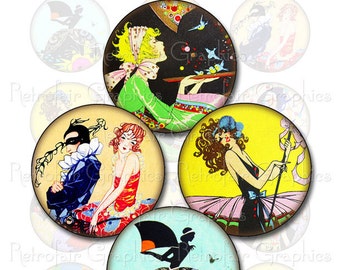 Art Deco meisjes digitale Collage blad, 2 inch ronde, Vintage afbeeldingen van dansers, compacte spiegel illustraties, Instant downloaden, afdrukbare blad