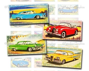 Retro Classic Cars Digitale Download Clip Art, Instant Afdrukbare Grafische Afbeeldingen Collage Sheet, Hanger Domino Maat 1 x 2, Set van 24 afbeeldingen