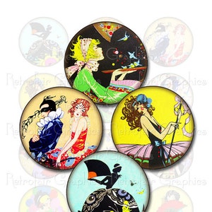 Art Deco Girls Digital Collage Sheet, 2 inch Round, Vintage Images of Dancers, compact mirror clip art, Instant Download, Printable Sheet