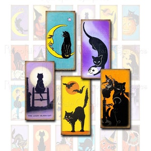 Vintage schwarze Katze digitale Collage Blatt, Domino Größe 1 x 2, Halloween-Hexe, schwarze Katze Bilder, Instant Download, druckbare Blatt