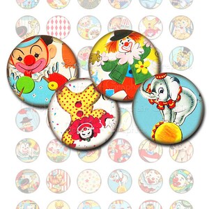 Circus carnaval beelden, 1 Inch cirkel digitale Collage blad van Retro Circus, Clowns, dieren en kinderen, Instant Download Printables