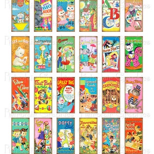 Retro Coloring Book Covers, Domino Pendant Size Digital Collage Sheet, DIY Printable Retro Childrens Graphics Set of 24 Cute Images 1 x 2 image 2