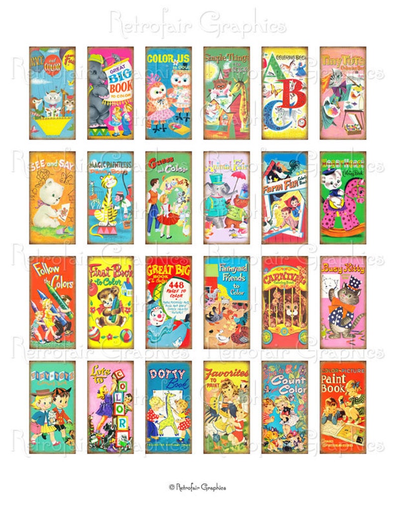 Retro Coloring Book Covers, Domino Pendant Size Digital Collage Sheet, DIY Printable Retro Childrens Graphics Set of 24 Cute Images 1 x 2 image 2