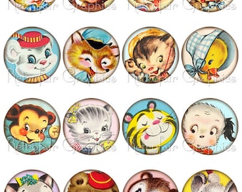 Gelukkig dierlijke portretten, 2 Inch cirkels digitale Collage blad van leuke gezichten, afdrukbare Set van 48 beelden