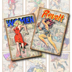 Download instantâneo, Retro Comic Book Girls, folha de colagem digital ATC, para impressão