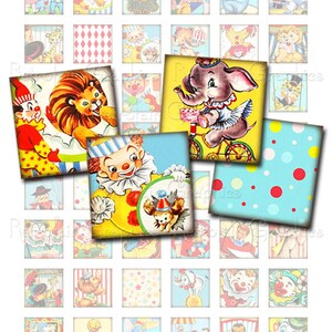 Instant Download Printables, Vintage Circus carnaval Avatars, 1 Inch vierkant digitale Collage blad van Circus, Clowns, dieren en kinderen