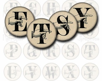 Vintage Alphabet Digital Collage Sheet,1.5 Inch Round Antique Letters Pointing Hand, Printable DIY, Instant Download, Commercial Use