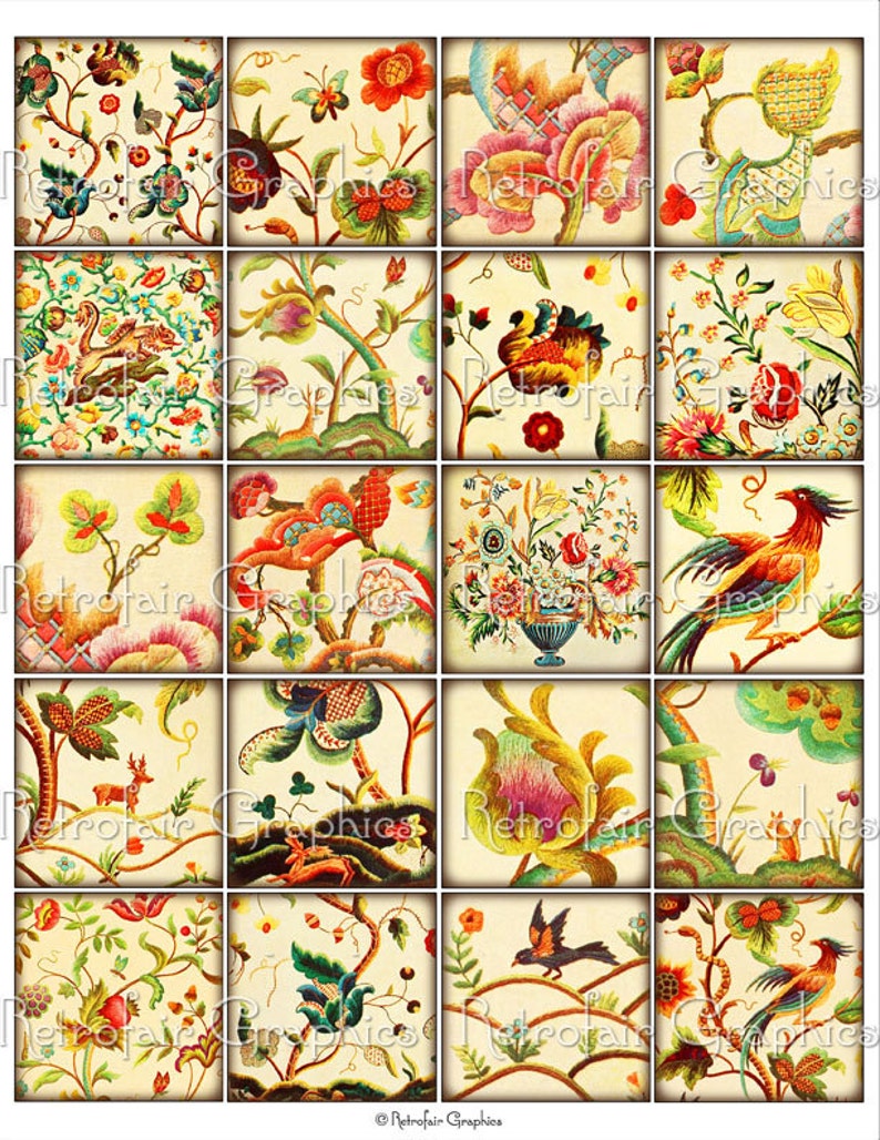 Tapestry Embroidery Designs, 2 Inch Squares Digital Collage Sheet