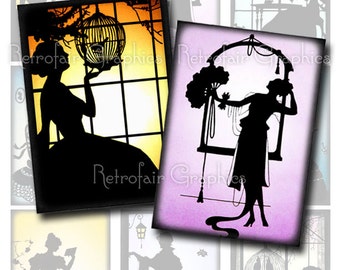 Silhouettes of Women, ATC Sized Digital Collage Sheet, Victorian Women Tags, Labels Instant Download Printable