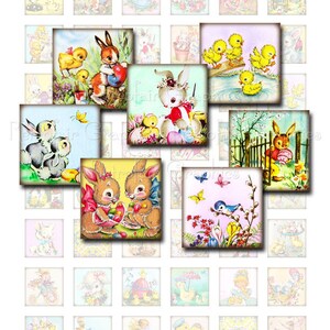 Vintage Pasen pleinen, digitale Collage blad, een inch pleinen met beelden van konijnen, kuikens, konijnen, afdrukbare Instant Download