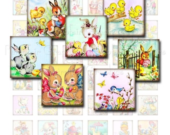 Vintage Easter Squares, Digital Collage Sheet of one inch squares featuring Images of Bunnies, Chicks, Rabbits, Printable Instant Download