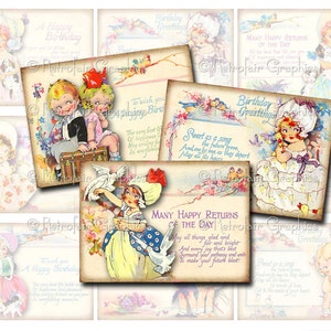Geburtstag Mädchen Tags druckbare digitale Collage Blatt, Instant Download Satz von 9 Geburtstagsgrüße, Vintage inspirierten Shabby Chic Designs