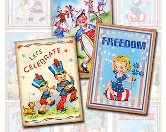 4 juli Digitale Collage Blad van Vintage Patriottische Graphics, Instant Download DIY Afdrukbare Jpg Graphics voor juli Vierde Decoraties