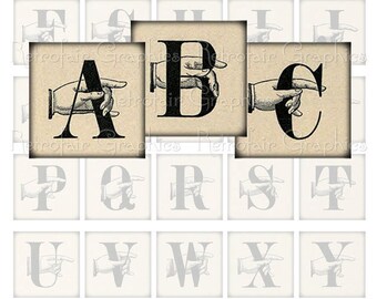 Antieke alfabet digitale Collage blad, 1,5 Inch vierkante Vintage belettering met wijzende vinger lettertype, afdrukbare DIY, Instant Download