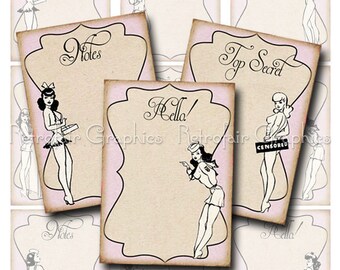 Retro Pin up Girls Printable Valentines, ATC Digital Collage Sheet, Instant Download, Printable Journal Cards