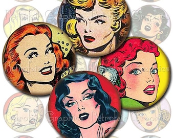 Comic Book meisjes, 2 Inch cirkels digitale Collage blad van vrouwelijke heldinnen, afdrukbare Set van 40 beelden