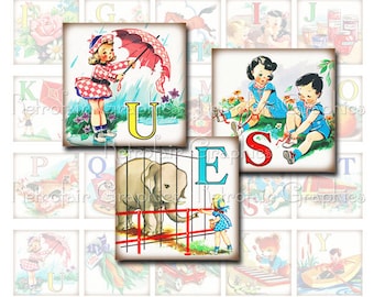 Digital Collage Sheet of Retro Alphabet Flashcards in 1.5 Inch Squares, Printable Page of 26 Vintage ABC images, Instant Download