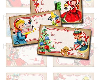 Vintage Christmas meisjes en naar Tags, digitale Collage blad, Set van 10 afbeeldingen, formaat 2,5 x 3,5-inch, Instant Download, afdrukbare Sheet