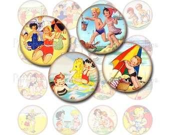 De pret van de zomer op het strand cirkels, digitale Collage blad van 1,5 inch ronde beelden van kinderen spelen, Instant Download Vintage Clip Art