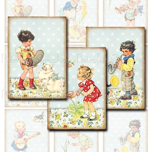 Vintage niños músicos, ATC Digital Collage imprimible, hoja Clip Art, descarga inmediata